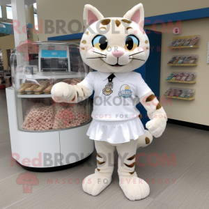 Cream Bobcat mascot costume character dressed with a Mini Skirt and Coin purses