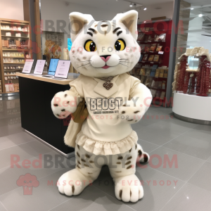 Cream Bobcat mascot costume character dressed with a Mini Skirt and Coin purses