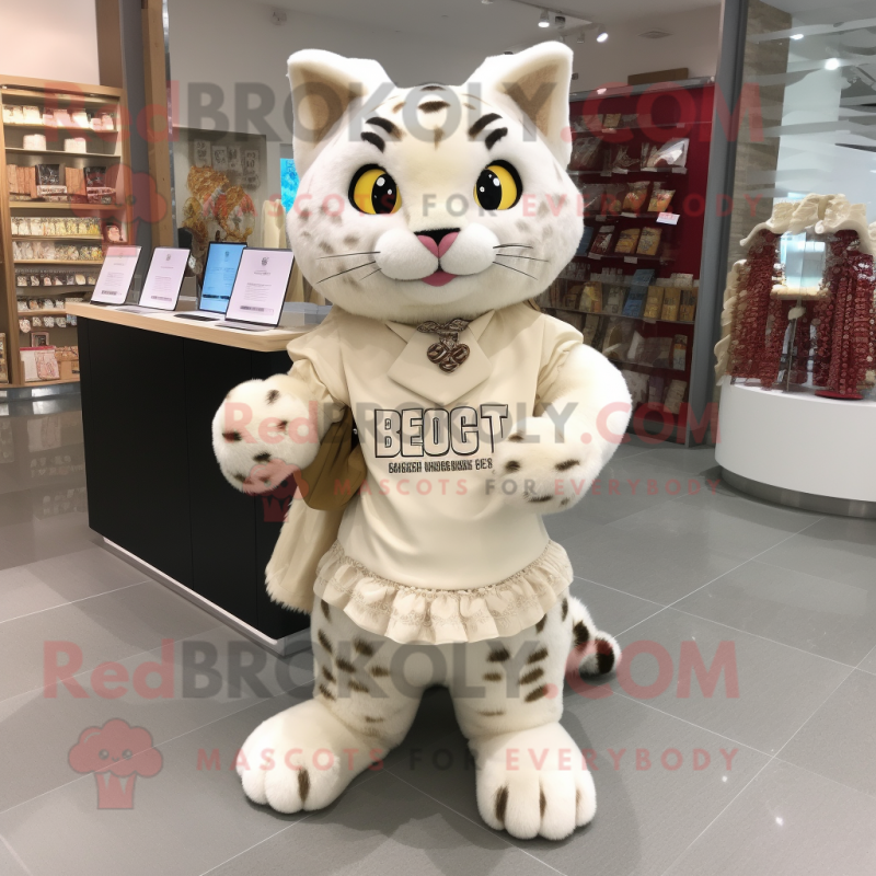 Cream Bobcat mascot costume character dressed with a Mini Skirt and Coin purses Cream Bobcat mascot costume character dressed with a Mini Skirt and Coin purses