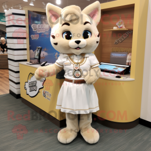 Cream Bobcat mascot costume character dressed with a Mini Skirt and Coin purses