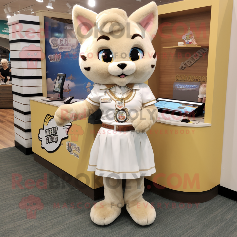 Cream Bobcat mascot costume character dressed with a Mini Skirt and Coin purses