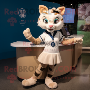 Cream Bobcat mascot costume character dressed with a Mini Skirt and Coin purses