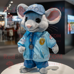 Sky Blue Rat mascot costume character dressed with a Polo Tee and Lapel pins