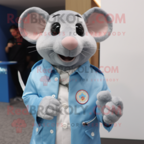 Sky Blue Rat mascot costume character dressed with a Polo Tee and Lapel pins