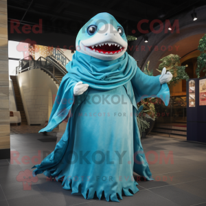 Turquoise Megalodon mascot costume character dressed with a A-Line Skirt and Scarves