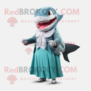 Turquoise Megalodon mascot costume character dressed with a A-Line Skirt and Scarves