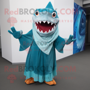 Turquoise Megalodon mascot costume character dressed with a A-Line Skirt and Scarves