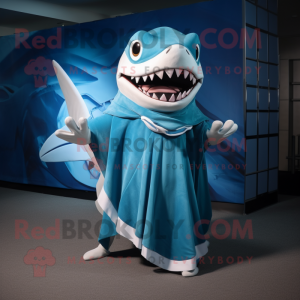 Turquoise Megalodon mascot costume character dressed with a A-Line Skirt and Scarves