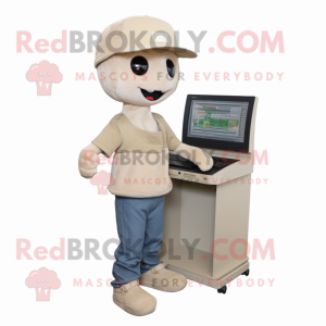Beige Computer mascot costume character dressed with a Jeans and Beanies