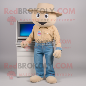 Beige Computer mascot costume character dressed with a Jeans and Beanies