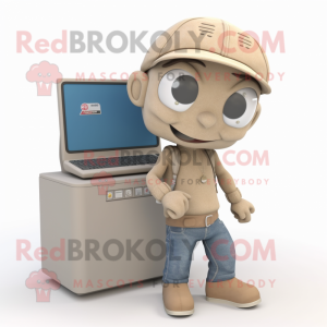Beige Computer mascot costume character dressed with a Jeans and Beanies