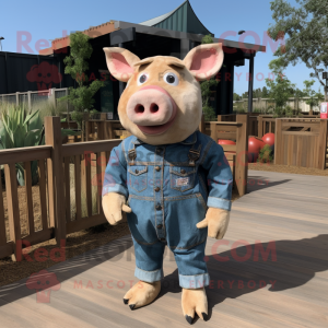 Tan Pig mascot costume character dressed with a Denim Shirt and Foot pads