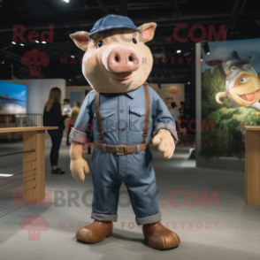 Tan Pig mascot costume character dressed with a Denim Shirt and Foot pads