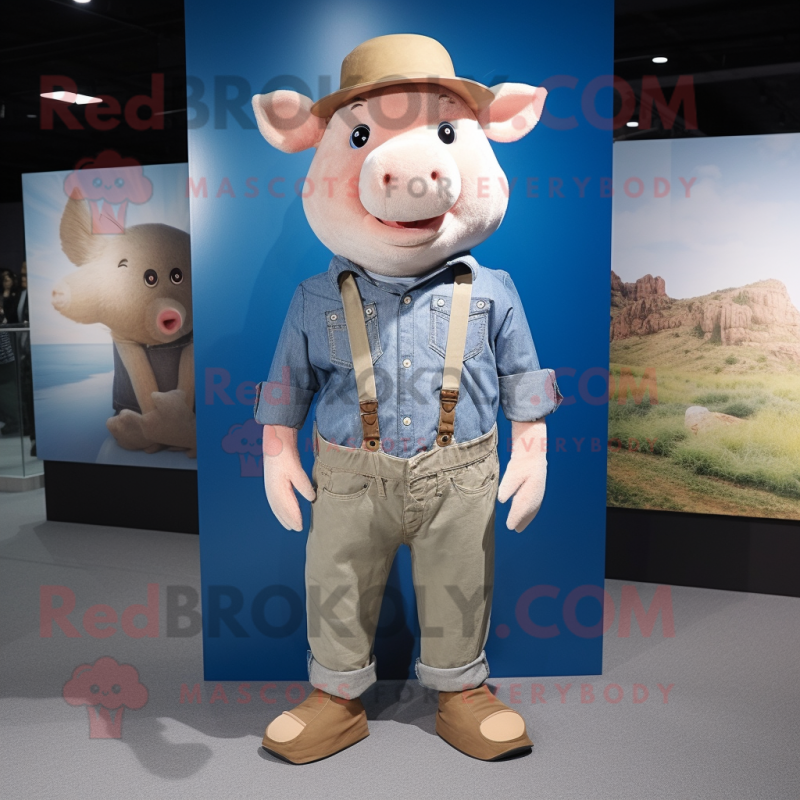 Tan Pig mascot costume character dressed with a Denim Shirt and Foot pads