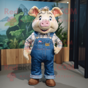 Tan Pig mascot costume character dressed with a Denim Shirt and Foot pads