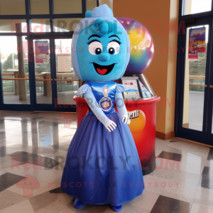 Blue Gumball Machine mascot costume character dressed with a Evening Gown and Headbands