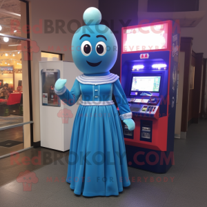 Blue Gumball Machine mascot costume character dressed with a Evening Gown and Headbands