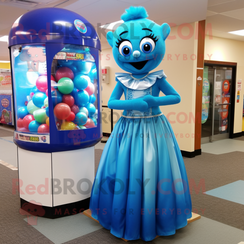 Blue Gumball Machine mascot costume character dressed with a Evening Gown and Headbands