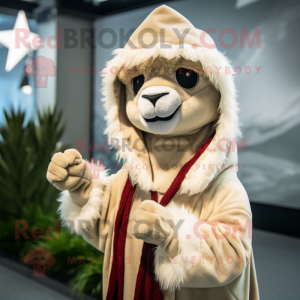 Beige Alpaca mascot costume character dressed with a Hoodie and Wraps