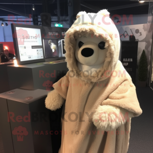 Beige Alpaca mascot costume character dressed with a Hoodie and Wraps