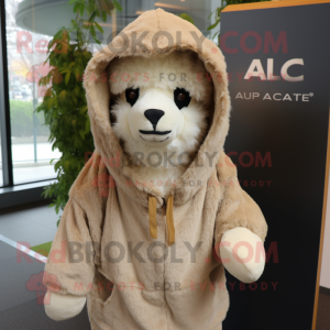 Beige Alpaca mascot costume character dressed with a Hoodie and Wraps