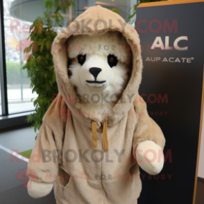 Beige Alpaca mascot costume character dressed with a Hoodie and Wraps