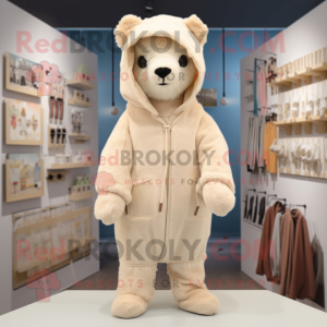 Beige Alpaca mascot costume character dressed with a Hoodie and Wraps