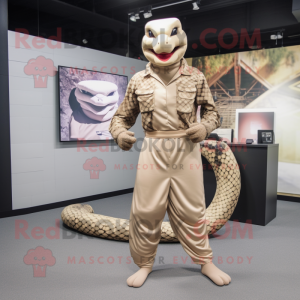 Beige Python mascot costume character dressed with a Bodysuit and Earrings