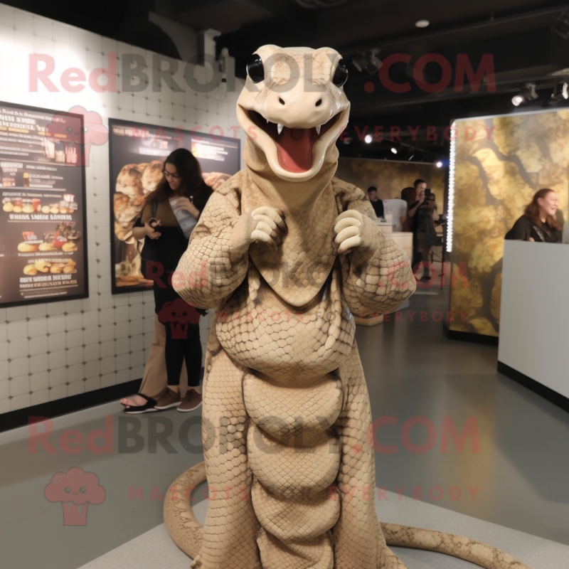 Beige Python mascot costume character dressed with a Bodysuit and Earrings