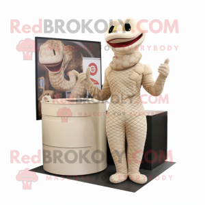 Beige Python mascot costume character dressed with a Bodysuit and Earrings