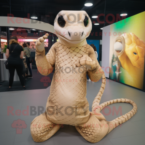 Beige Python mascot costume character dressed with a Bodysuit and Earrings
