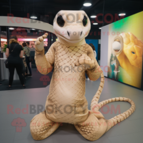 Beige Python mascot costume character dressed with a Bodysuit and Earrings