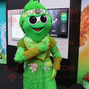 Green Biryani mascot costume character dressed with a Bikini and Digital watches