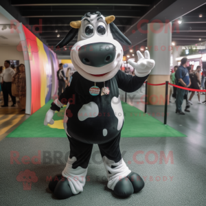 Black Holstein Cow mascot costume character dressed with a Skinny Jeans and Anklets