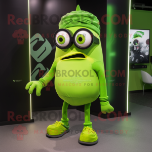 Lime Green Cyclops mascot costume character dressed with a Graphic Tee and Eyeglasses