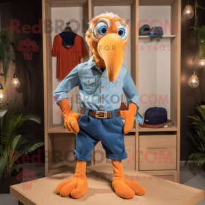 Orange Vulture mascot costume character dressed with a Denim Shorts and Pocket squares