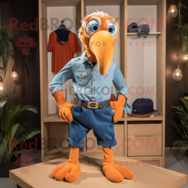 Orange Vulture mascot costume character dressed with a Denim Shorts and Pocket squares Orange Vulture mascot costume character dressed with a Denim Shorts and Pocket squares
