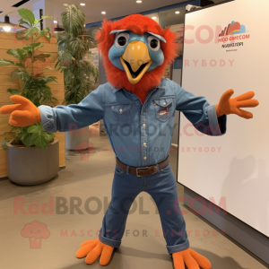 Orange Vulture mascot costume character dressed with a Denim Shorts and Pocket squares