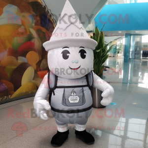 Silver Ice Cream Cone mascot costume character dressed with a Vest and Backpacks