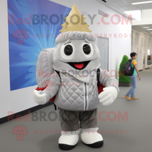 Silver Ice Cream Cone mascot costume character dressed with a Vest and Backpacks