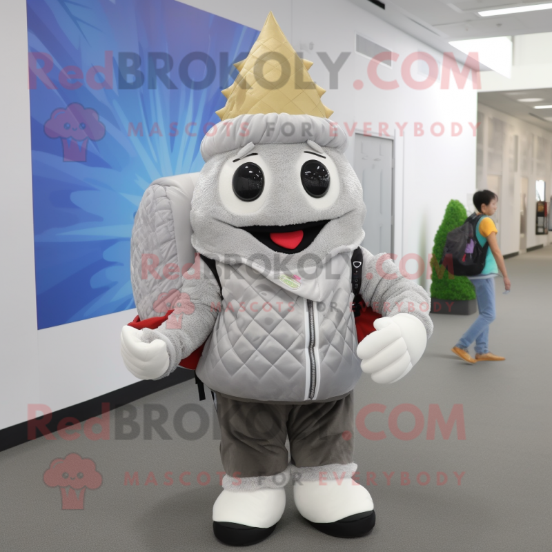 Silver Ice Cream Cone mascot costume character dressed with a Vest and Backpacks Silver Ice Cream Cone mascot costume character dressed with a Vest and Backpacks