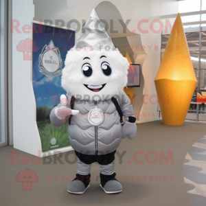 Silver Ice Cream Cone mascot costume character dressed with a Vest and Backpacks