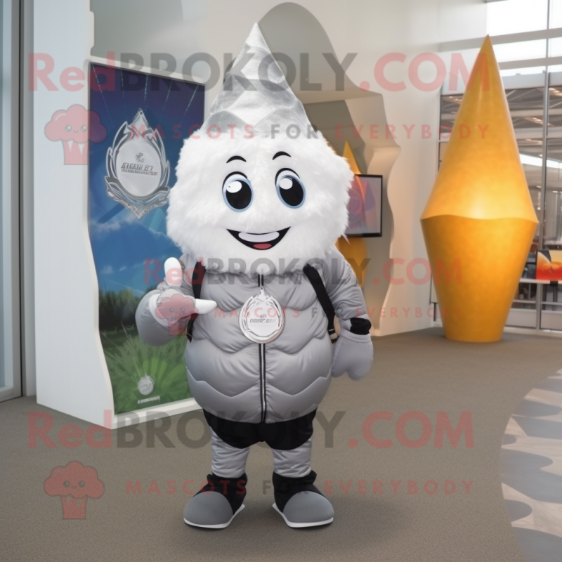 Silver Ice Cream Cone mascot costume character dressed with a Vest and Backpacks Silver Ice Cream Cone mascot costume character dressed with a Vest and Backpacks