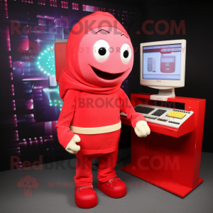 Red Computer mascot costume character dressed with a Sweater and Clutch bags