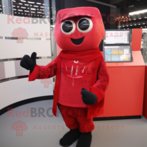 Red Computer mascot costume character dressed with a Sweater and Clutch bags