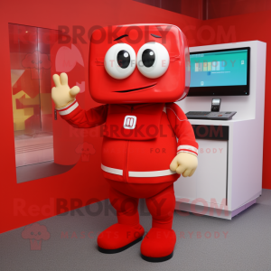 Red Computer mascot costume character dressed with a Sweater and Clutch bags