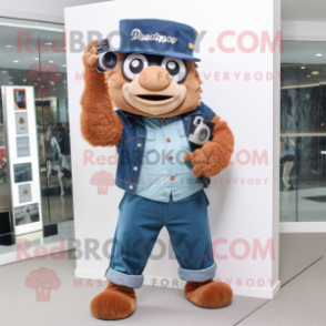Rust Camera mascot costume character dressed with a Boyfriend Jeans and Berets
