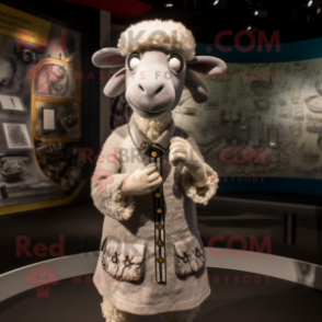 Silver Sheep mascot costume character dressed with a Dress and Berets