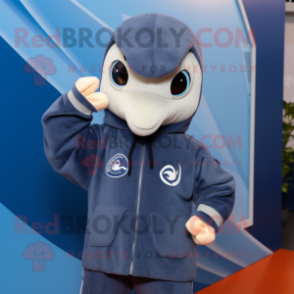 Navy Dolphin mascot costume character dressed with a Hoodie and Mittens