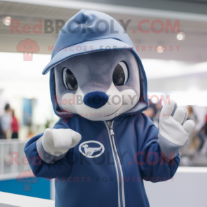 Navy Dolphin mascot costume character dressed with a Hoodie and Mittens